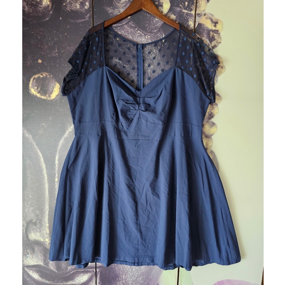 Torrid Blue Polka Dot Mesh Illusion Neckline Fit & Flare Swing Dress Size 28 - Picture 8 of 10